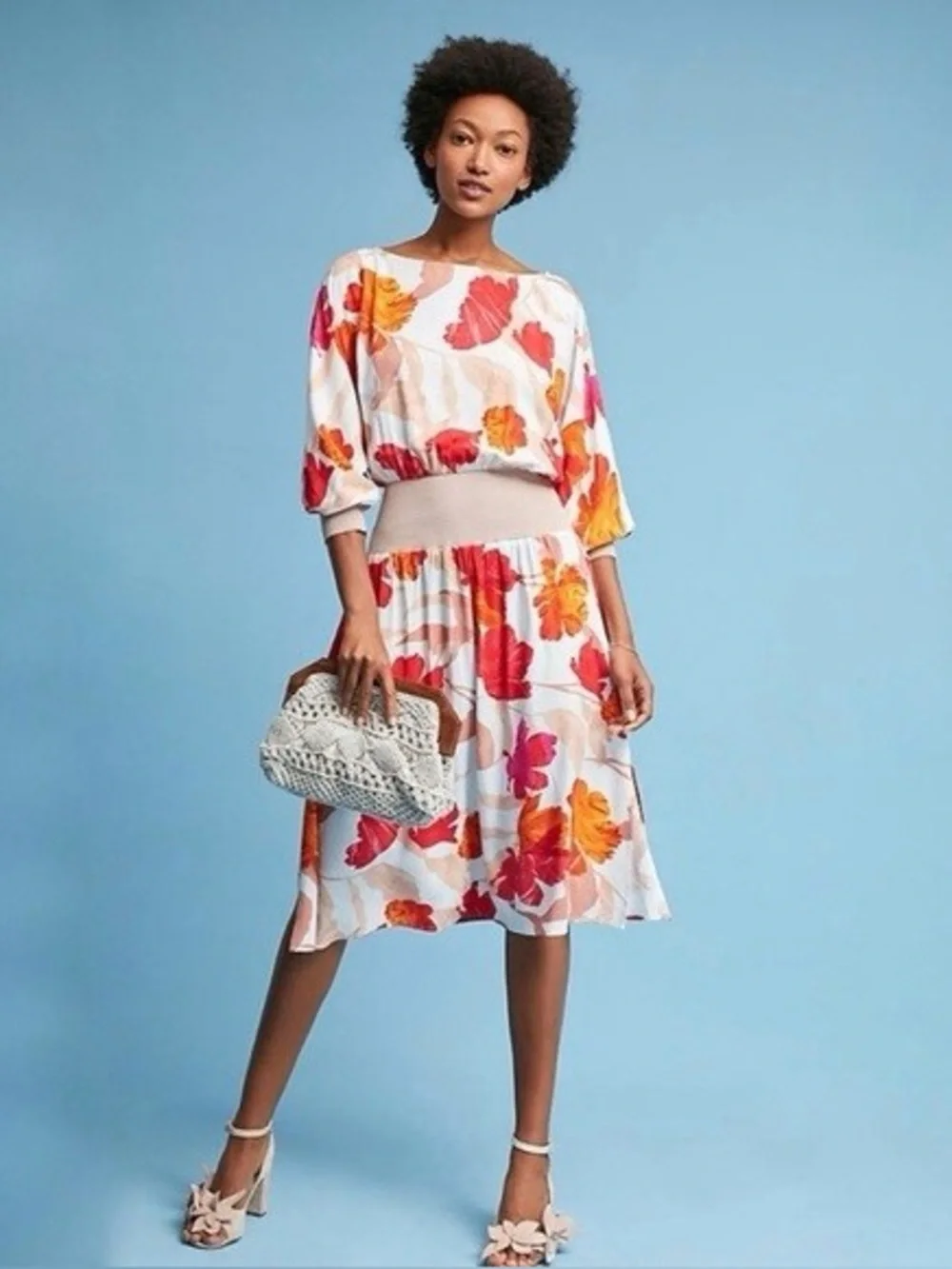 Anthropologie Floral Puff-Sleeve Midi Dress in Cream with Red & Orange Print